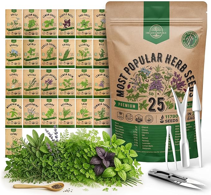 25 Most Popular Herb Seeds Variety Pack - 11,700 Non-GMO Heirloom Seeds for Planting Herbs in Individual Seed Packets for Hydroponic, Indoor & Outdoor Gardening