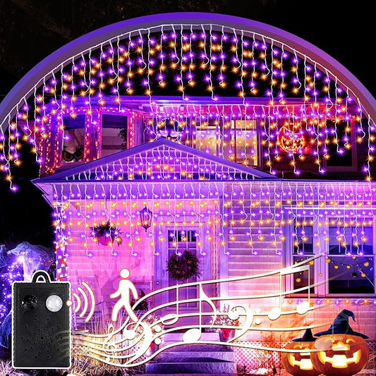 Halloween Icicle Lights with Spook Music Motion Sensing Function - 340LED 29Ft Purple Orange Curtain String Lights - Plug in Lighting for Outdoor Garden Window House Bedroom Halloween Decorations